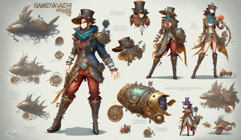 Detailed Steampunk Character Designs with Victorian and Industrial Elements