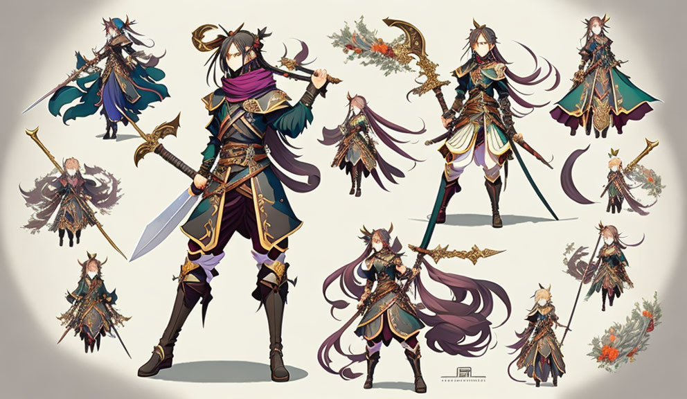 Character Illustration with Medieval-Inspired Armor, Sword, Cape, and Golden Details