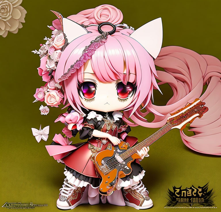 Chibi anime character with pink hair and cat ears playing guitar