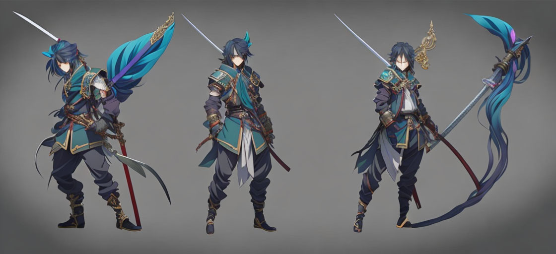 Male anime character in blue attire wields sword in three poses on gray background