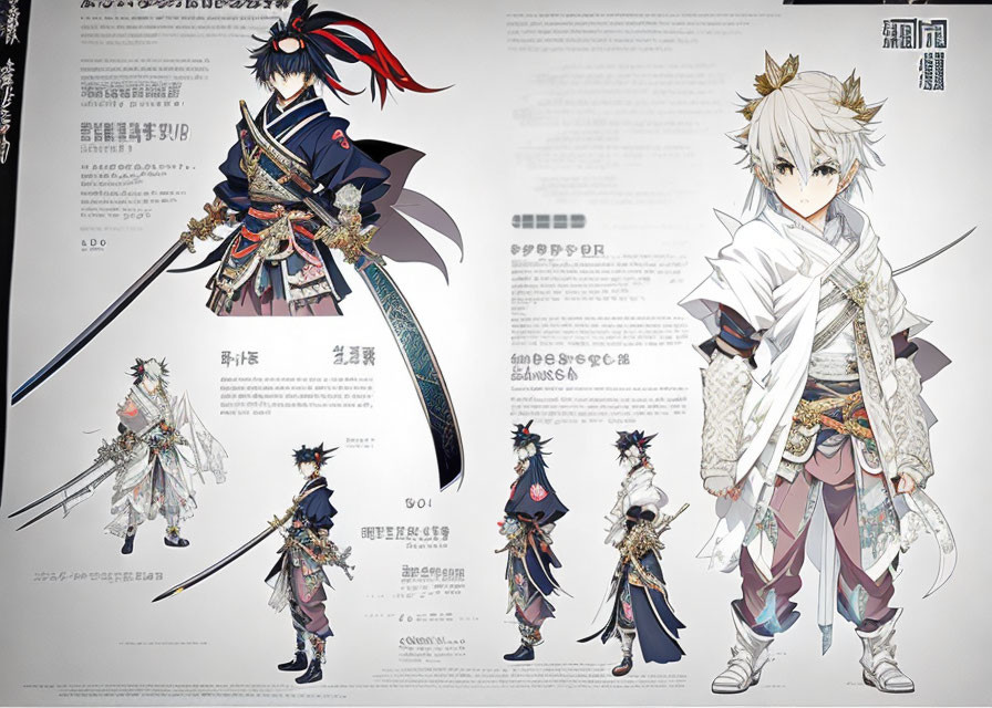 Two animated characters in Japanese attire with sword and character design notes.