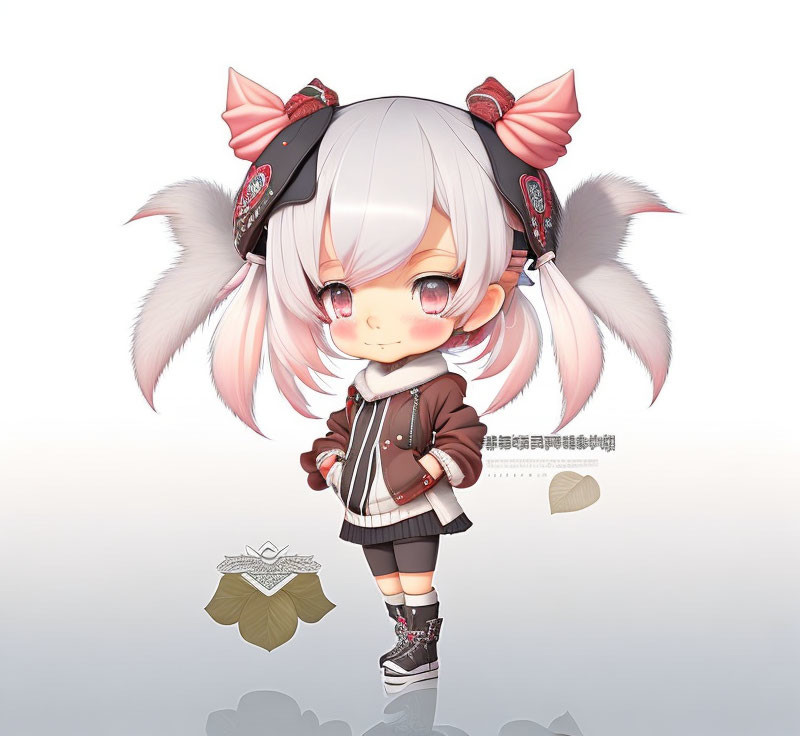 Silver-haired anime-style girl in brown jacket and plaid skirt with red bows and knee-high boots,