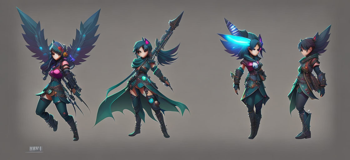 Four poses of animated female character with blue wings and spear in green outfit