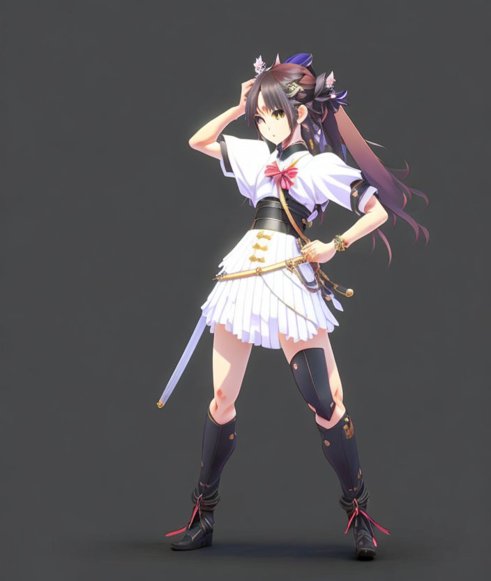 Long-haired anime character in white and gold dress wields sword against grey backdrop