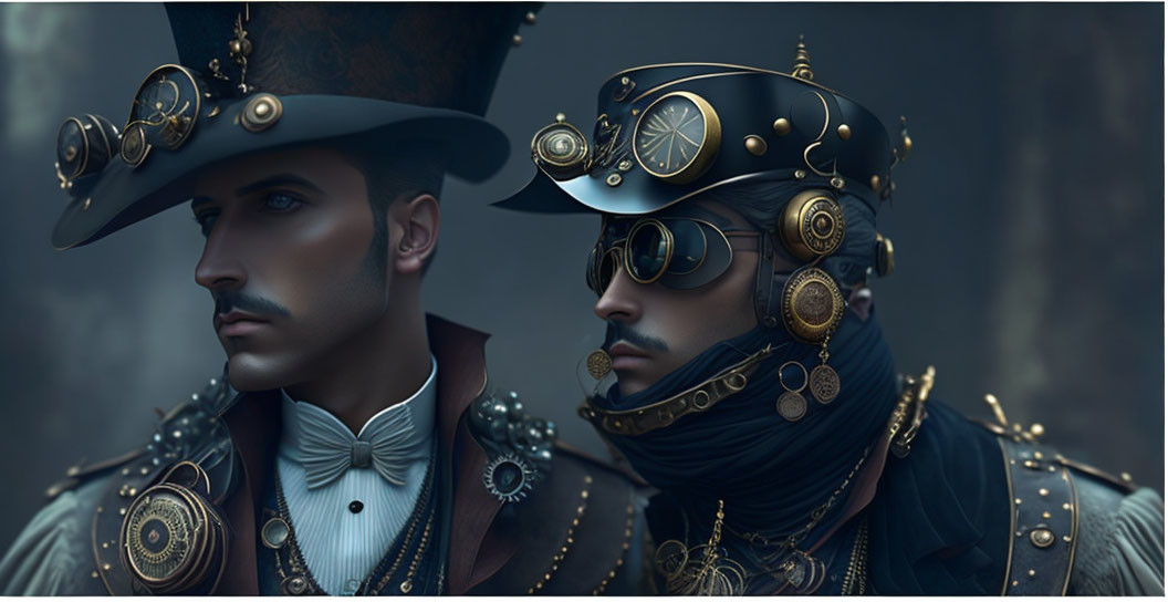 Two people in steampunk outfits with top hats and goggles in misty setting