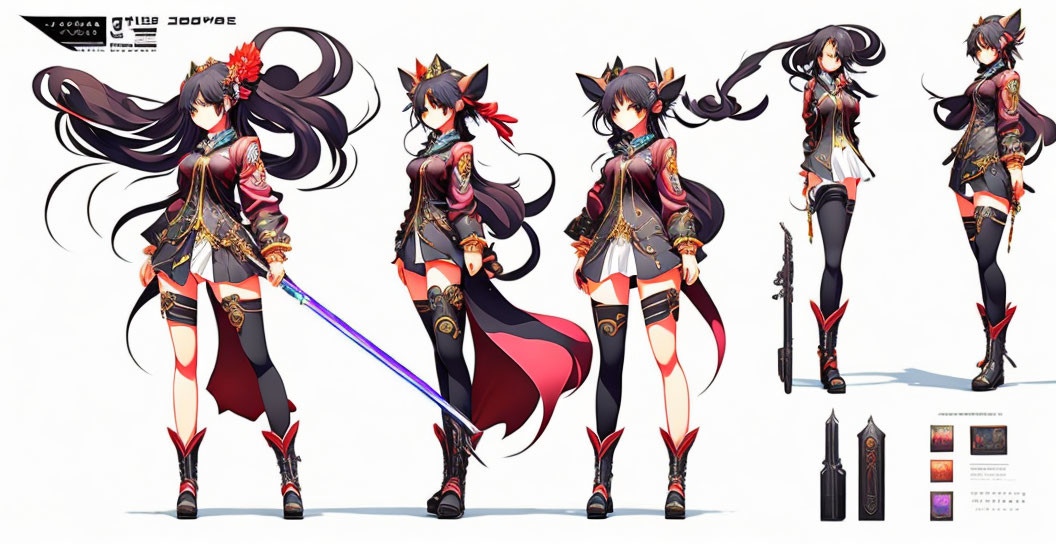 Female anime-style character design sheet with black and red outfit, sword, and detailed accessories.