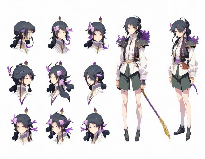 Anime-style female character with dark hair, purple accents, various expressions, poses, and staff outfit.