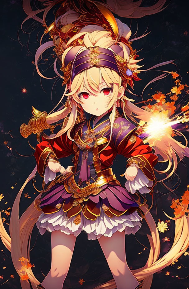 Golden-haired anime character with magical staff and autumn leaves in detailed outfit