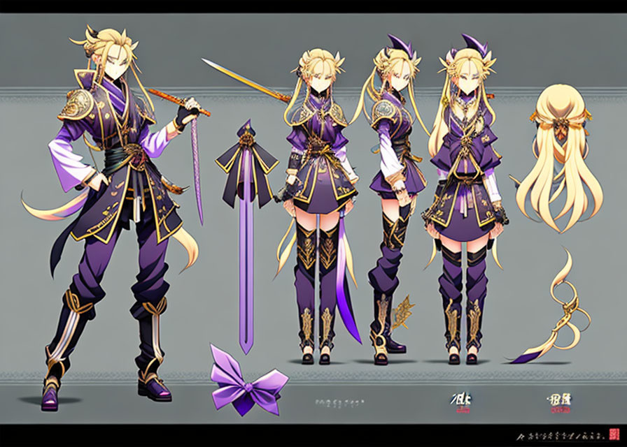 Character design: Golden-haired figure in purple and black outfit with sword, detailed hairstyle view