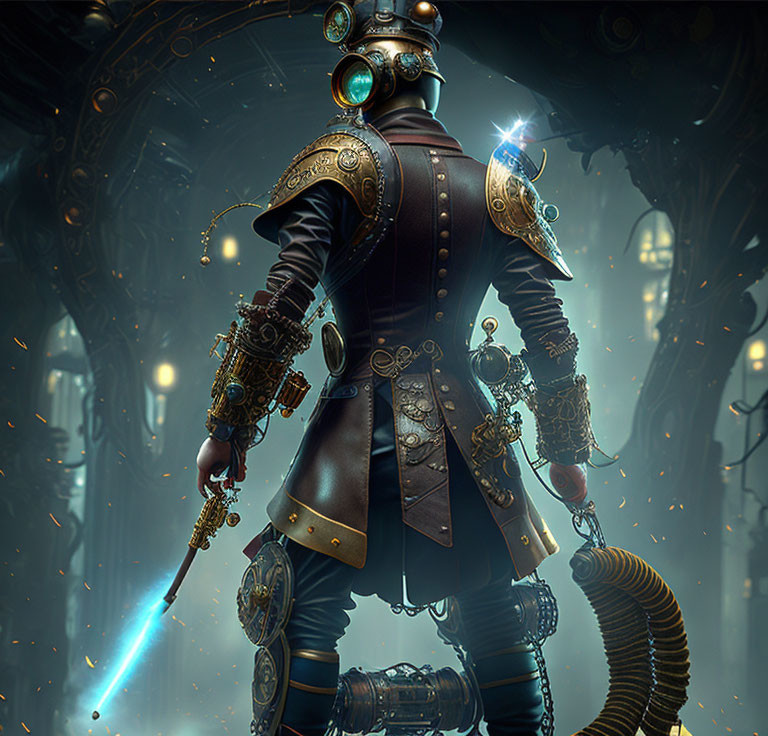 Steampunk adventurer with mechanical arm and glowing staff in ornate industrial scene