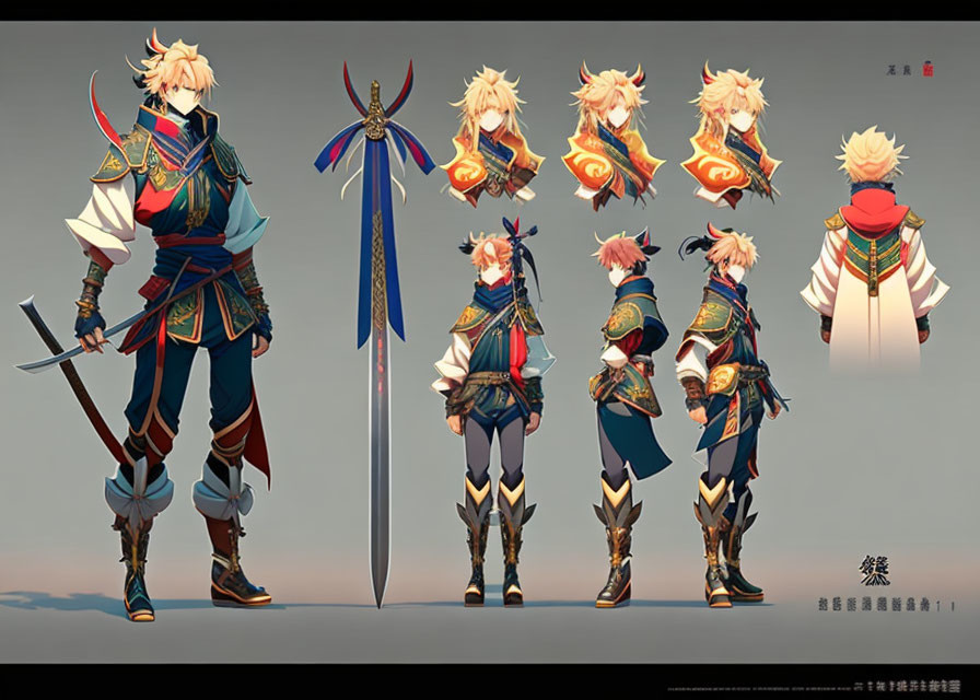 Character Concept Art: Warrior in Blue and Red Armor with Sword and Mask