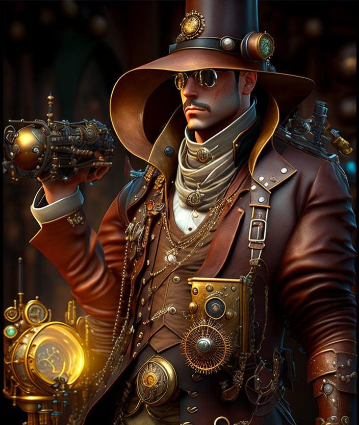 Steampunk-themed character with top hat, goggles, and mechanical glove