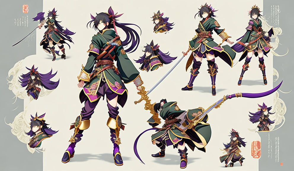 Purple-haired character in green warrior attire wields spear in dynamic poses