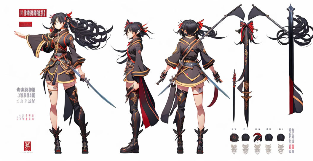 Female Warrior Character Design Sheet: Long Black Hair, Red & Black Outfit, Sword & Polearm