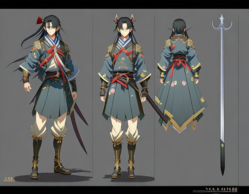 Character concept with traditional Asian attire and sword in front, side, and back views