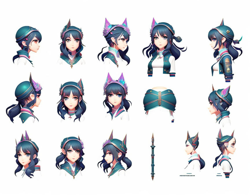 Stylized female character with cat ears in different poses and hairstyles with ornate spear