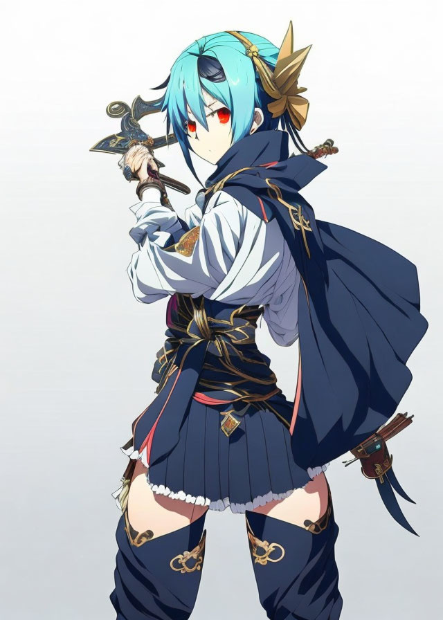 Blue-haired character with red eyes holding a sword in detailed outfit against light background