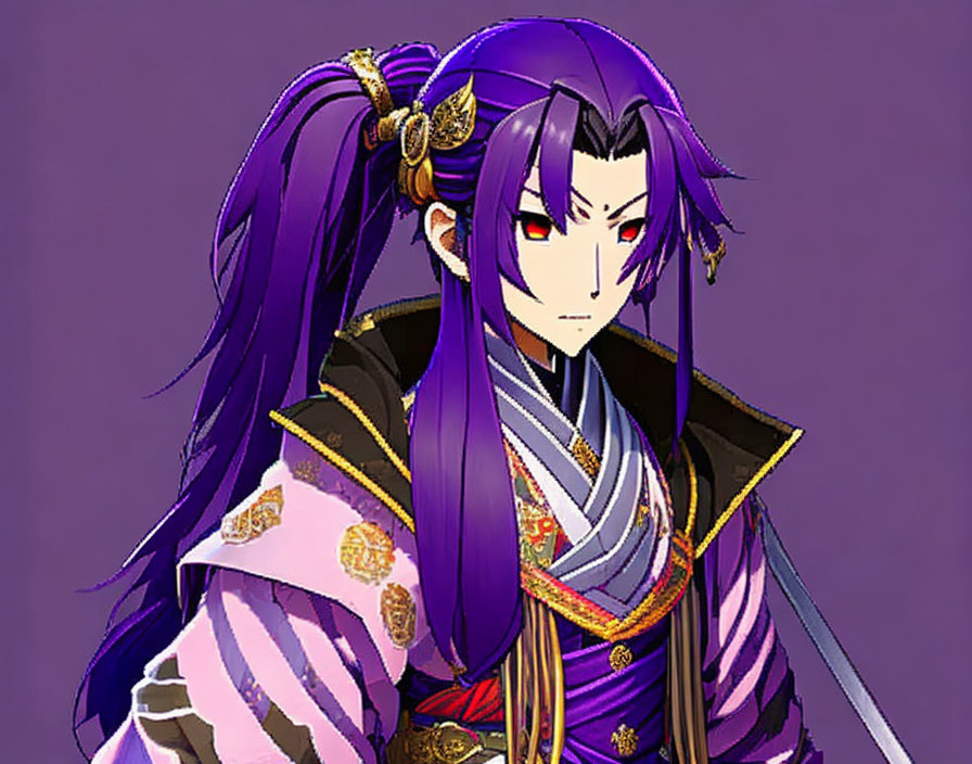 Purple-haired animated character in ornate robe with gold details