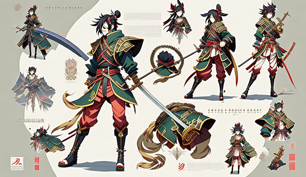 Stylized character with samurai armor, swords, and detailed costume design