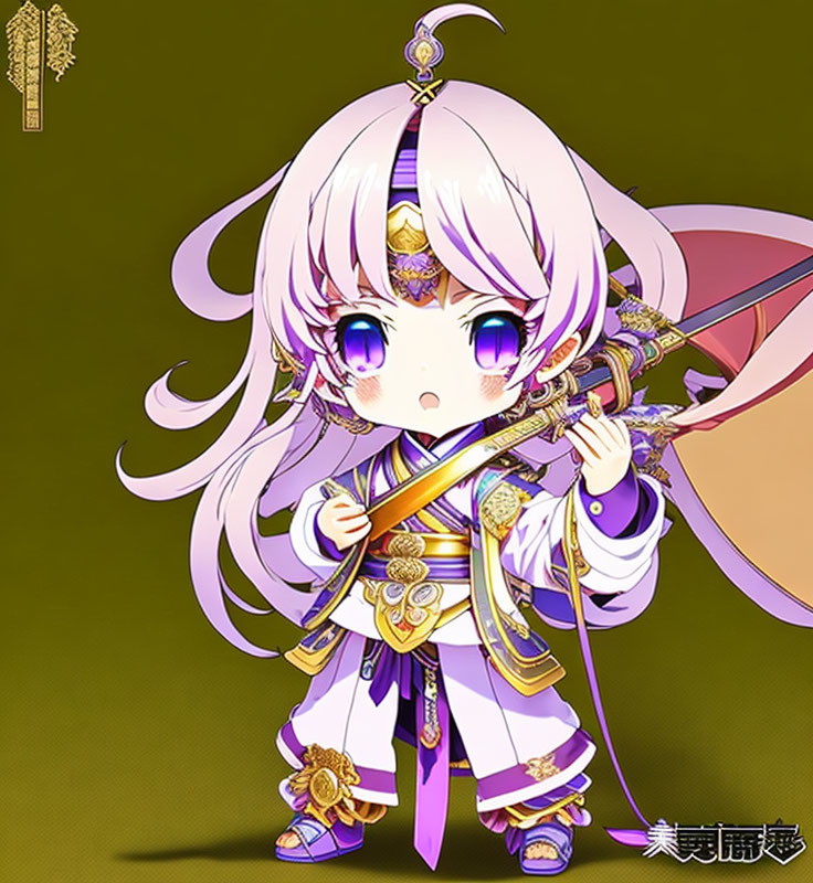 Stylized young character with purple eyes and bow in traditional attire