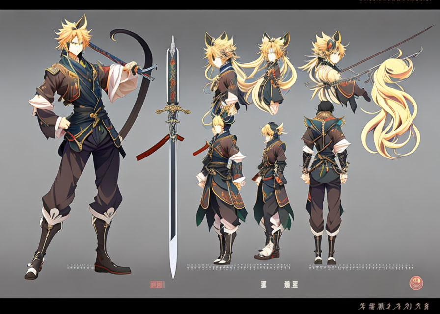 Stylized male character with fox-like features in traditional attire and sword poses