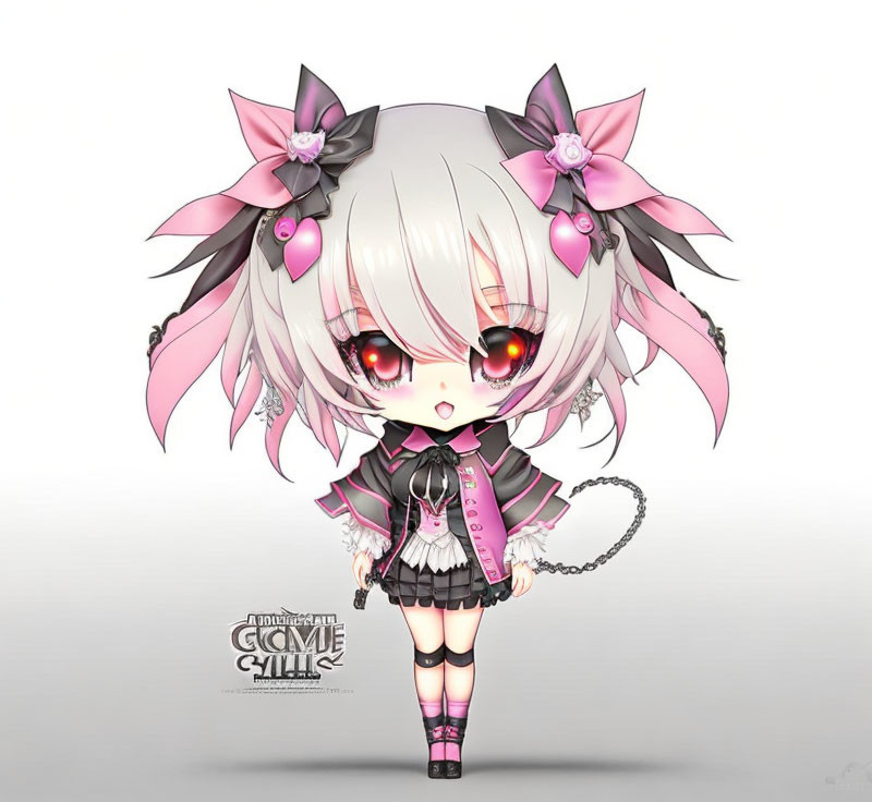 Chibi anime character with red eyes, pink pigtails, gothic outfit