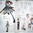 Two animated characters in Japanese attire with sword and character design notes.