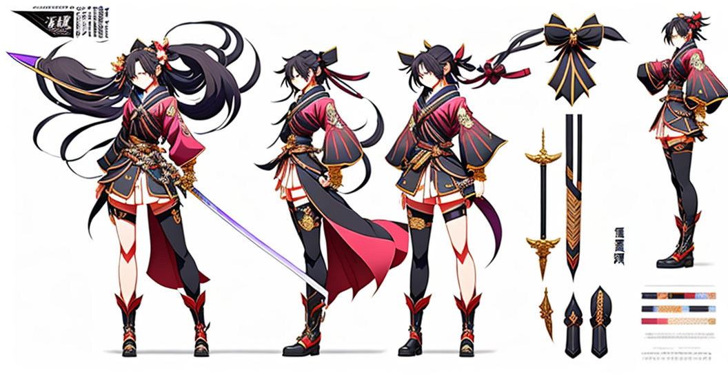 Female Warrior Character Design: Ornate Black, Red, and Gold Outfit, Detailed Weapons, Hair