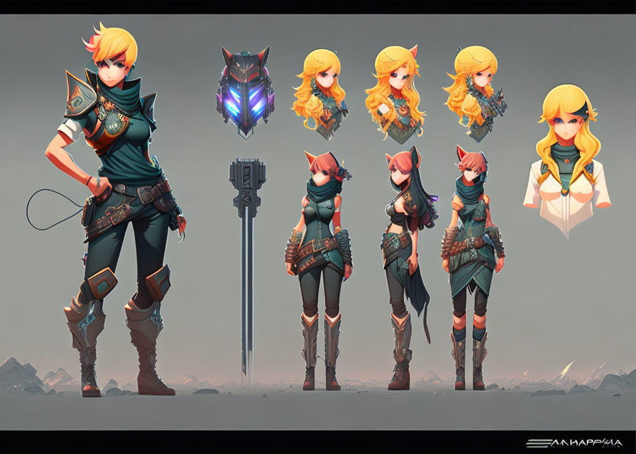 Female character concept art: poses, armor, helmet, weapon, wolf-like mask