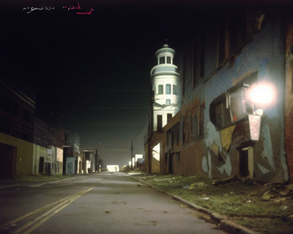 Deserted Street at Night with Graffiti and Lit Streetlamp