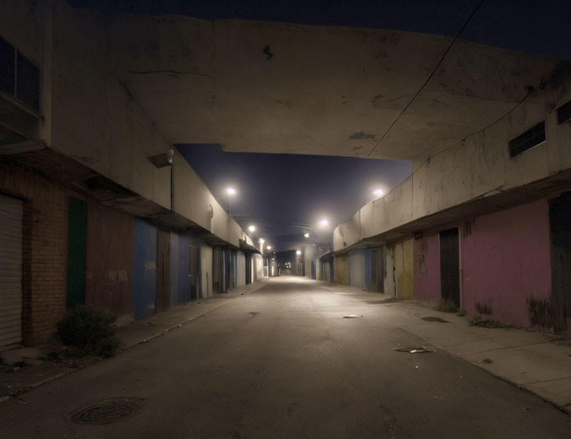 Urban alleyway at night with closed shops and overhead lights