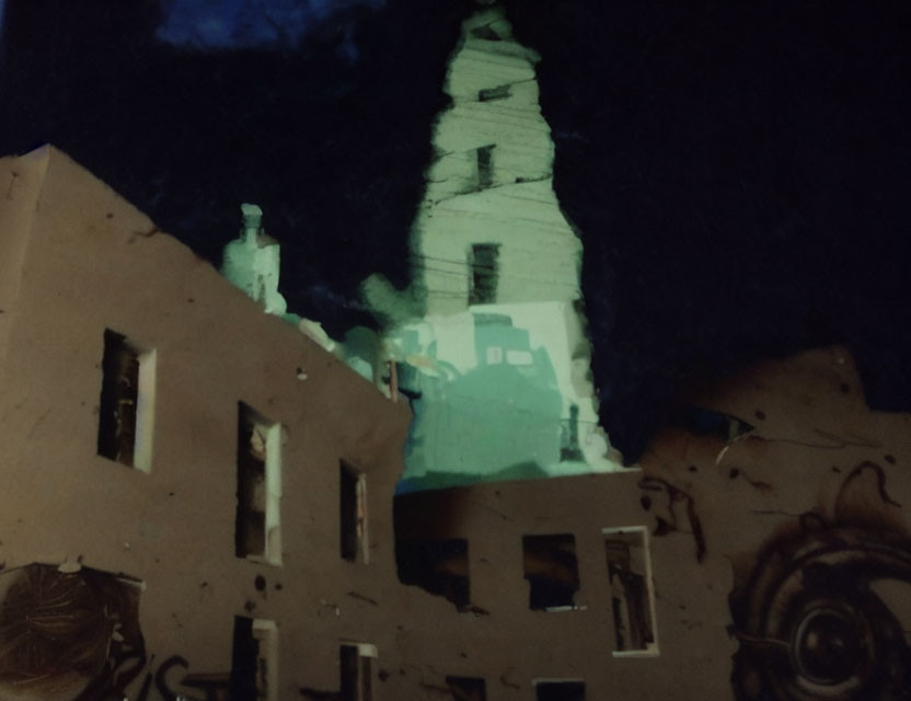 Distorted white structure projected on dimly lit buildings at night