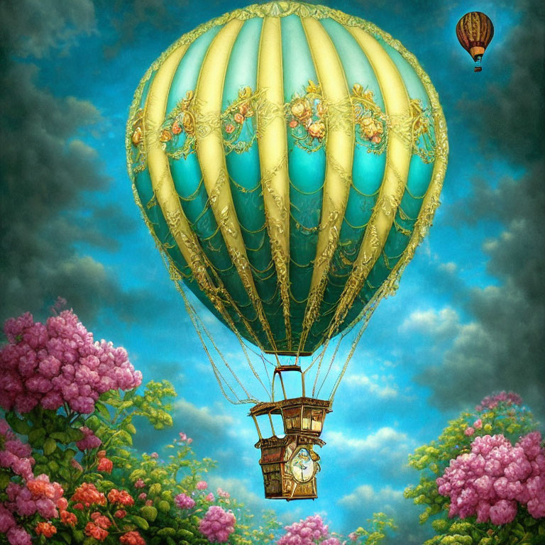 Colorful hot air balloons among clouds and flowers in blue sky