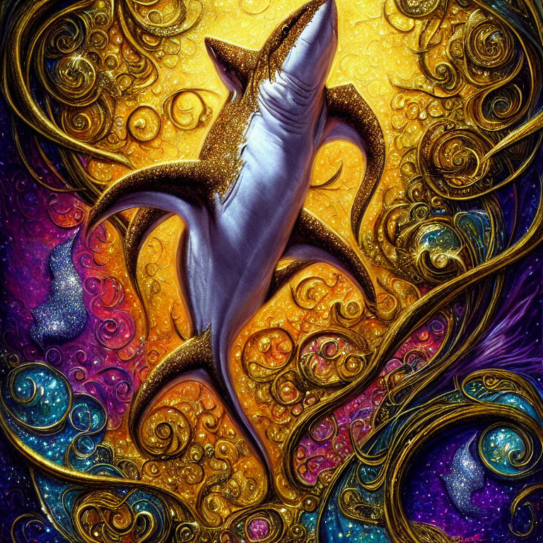 Colorful surreal shark surrounded by celestial patterns in cosmic underwater scene