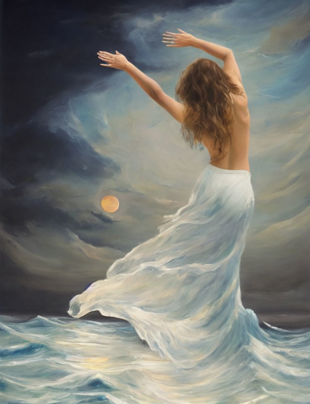 Woman in flowing white dress standing on water under dramatic sunset sky