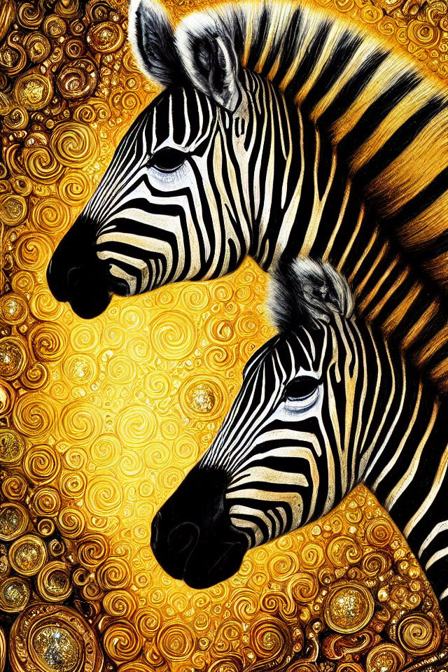 Two Zebras in Intricate Circular Patterns on Golden Background