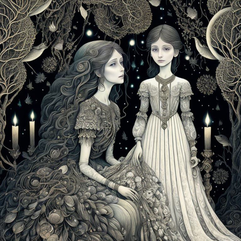 Ethereal women in vintage dresses in mystical night scene