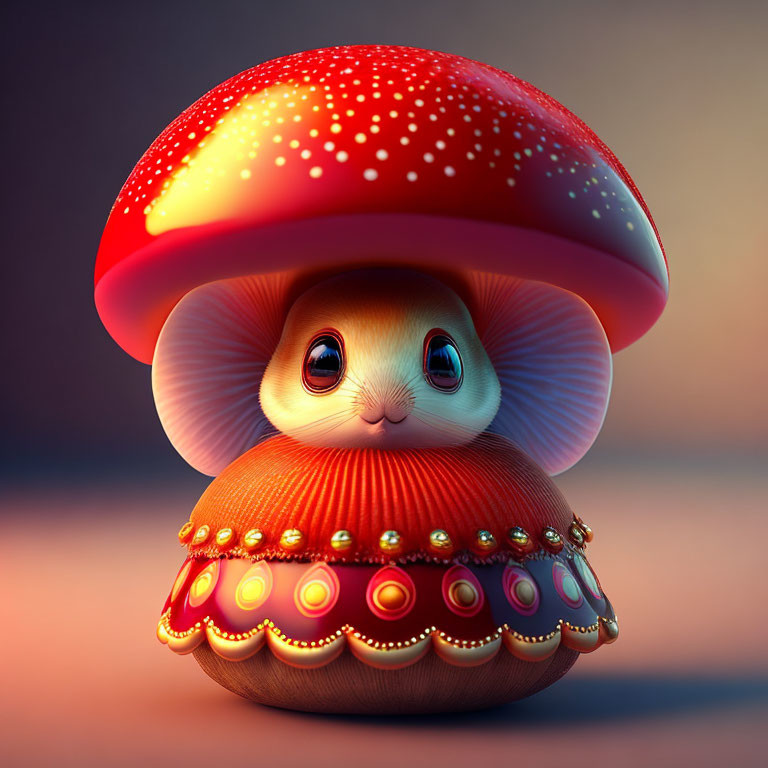 Whimsical illustration of cute creature under red and white-spotted mushroom