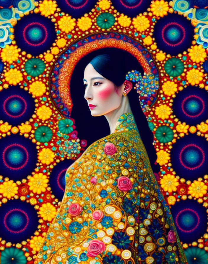 Woman with Pale Skin and Dark Hair in Vibrant Floral Kimono on Psychedelic Mandala Background