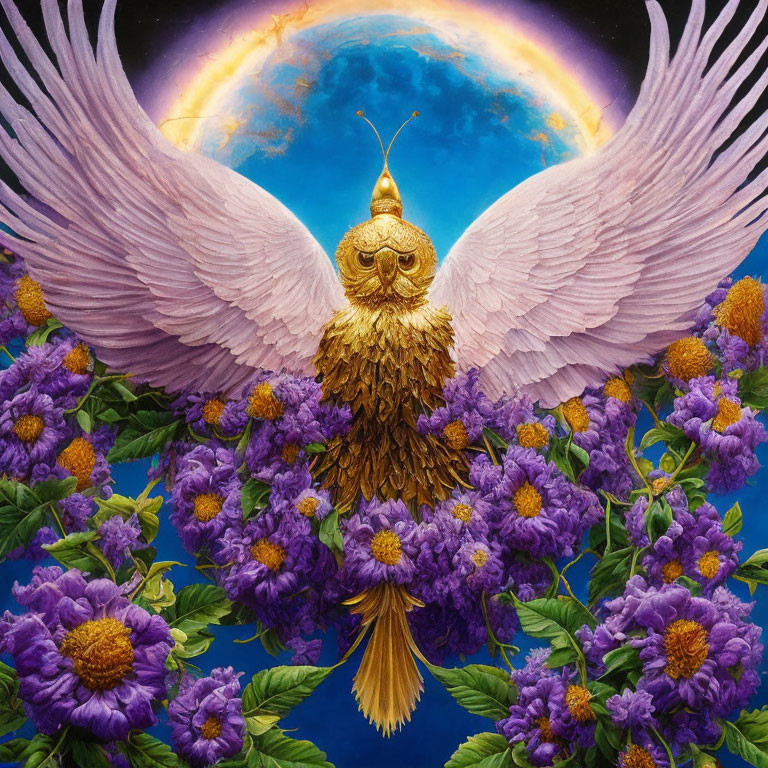 Majestic owl with gold adornments in cosmic setting