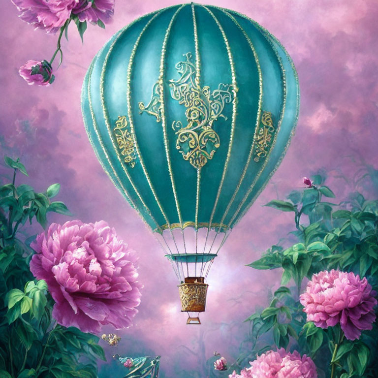 Teal hot air balloon with gold accents among pink peonies in pink-purple sky