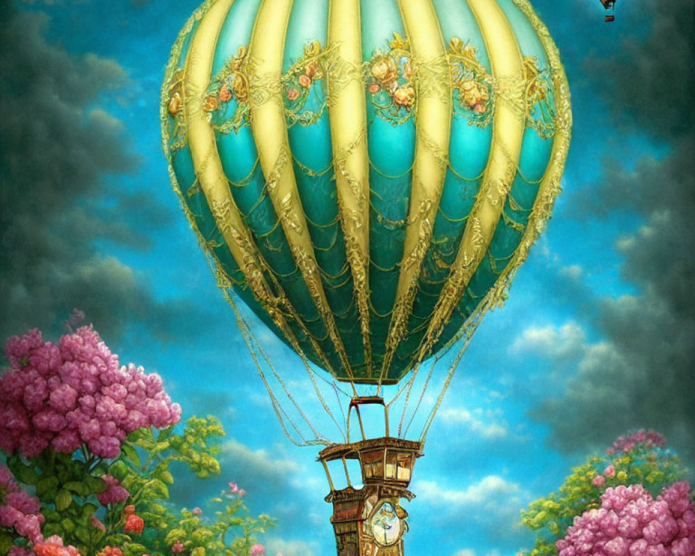 Colorful hot air balloons among clouds and flowers in blue sky