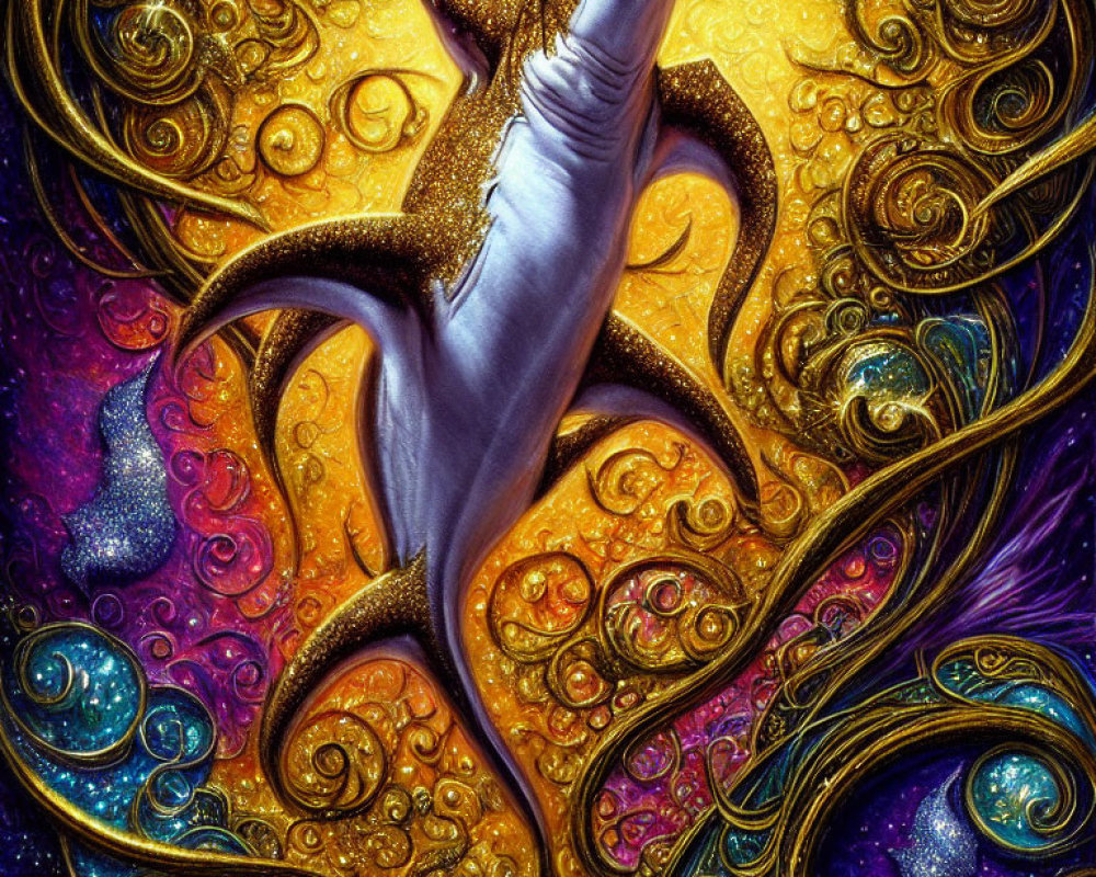 Colorful surreal shark surrounded by celestial patterns in cosmic underwater scene