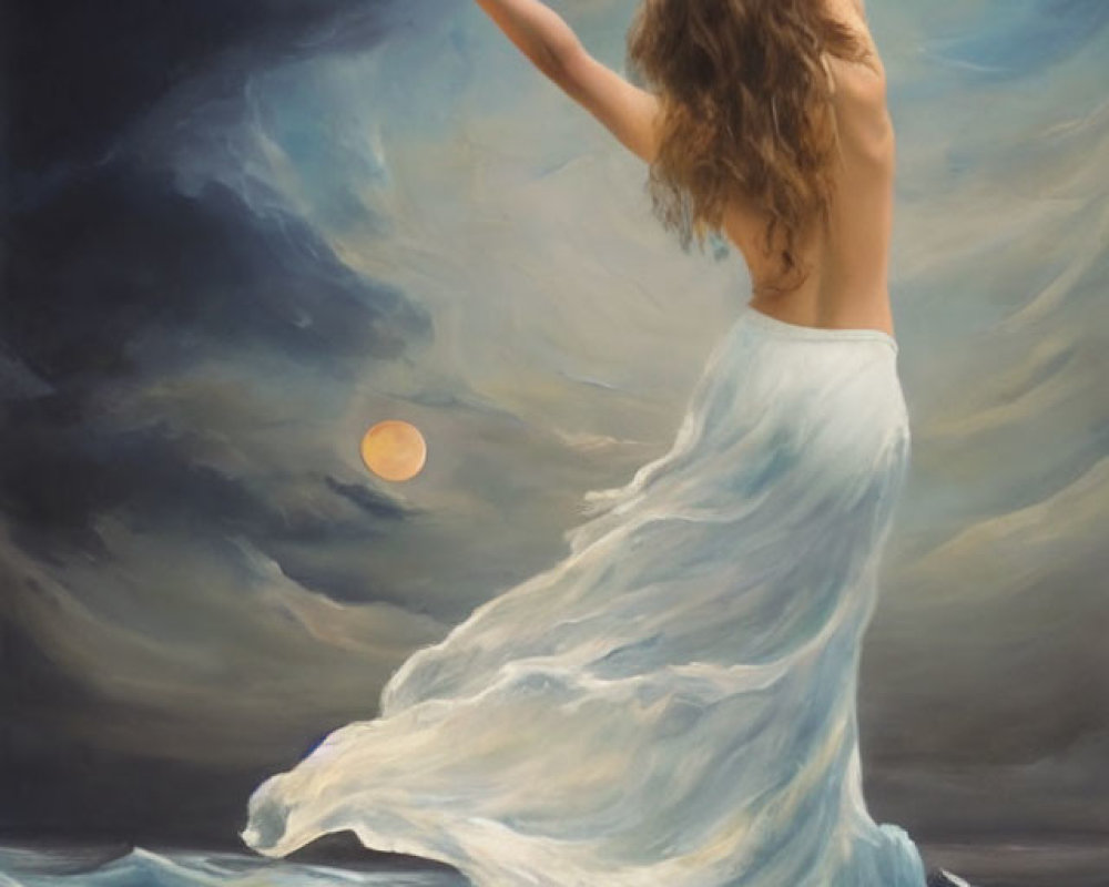 Woman in flowing white dress standing on water under dramatic sunset sky