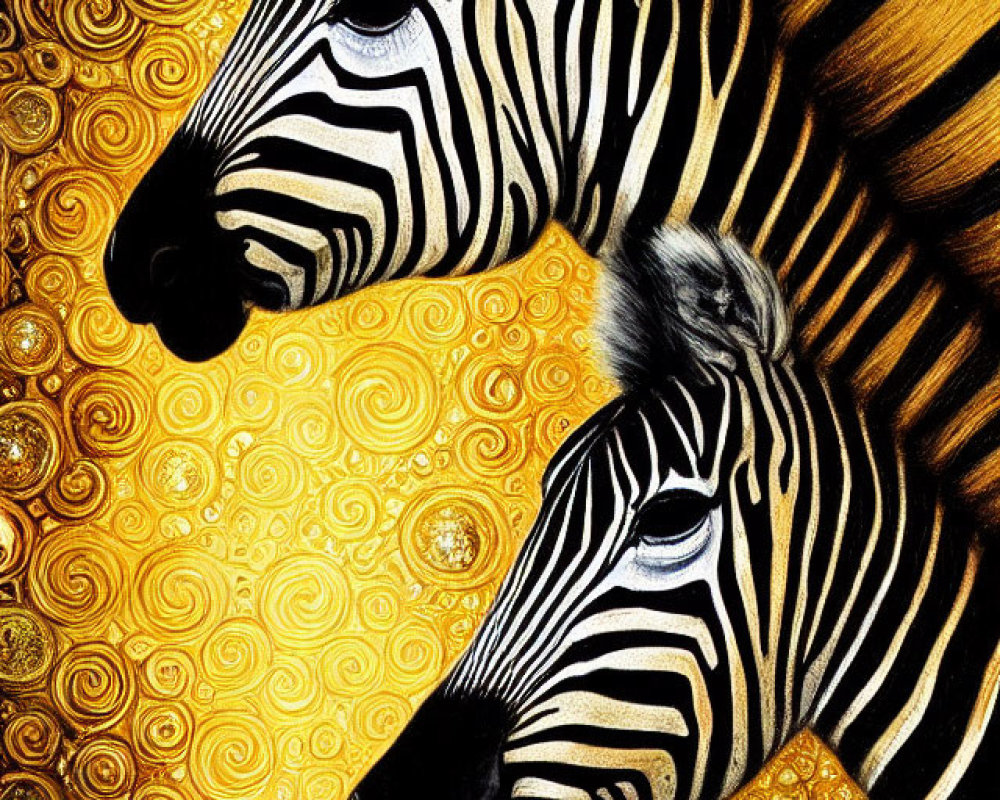 Two Zebras in Intricate Circular Patterns on Golden Background