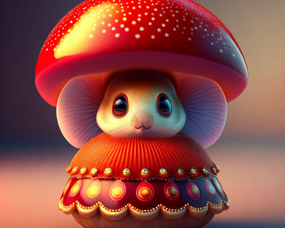 Whimsical illustration of cute creature under red and white-spotted mushroom