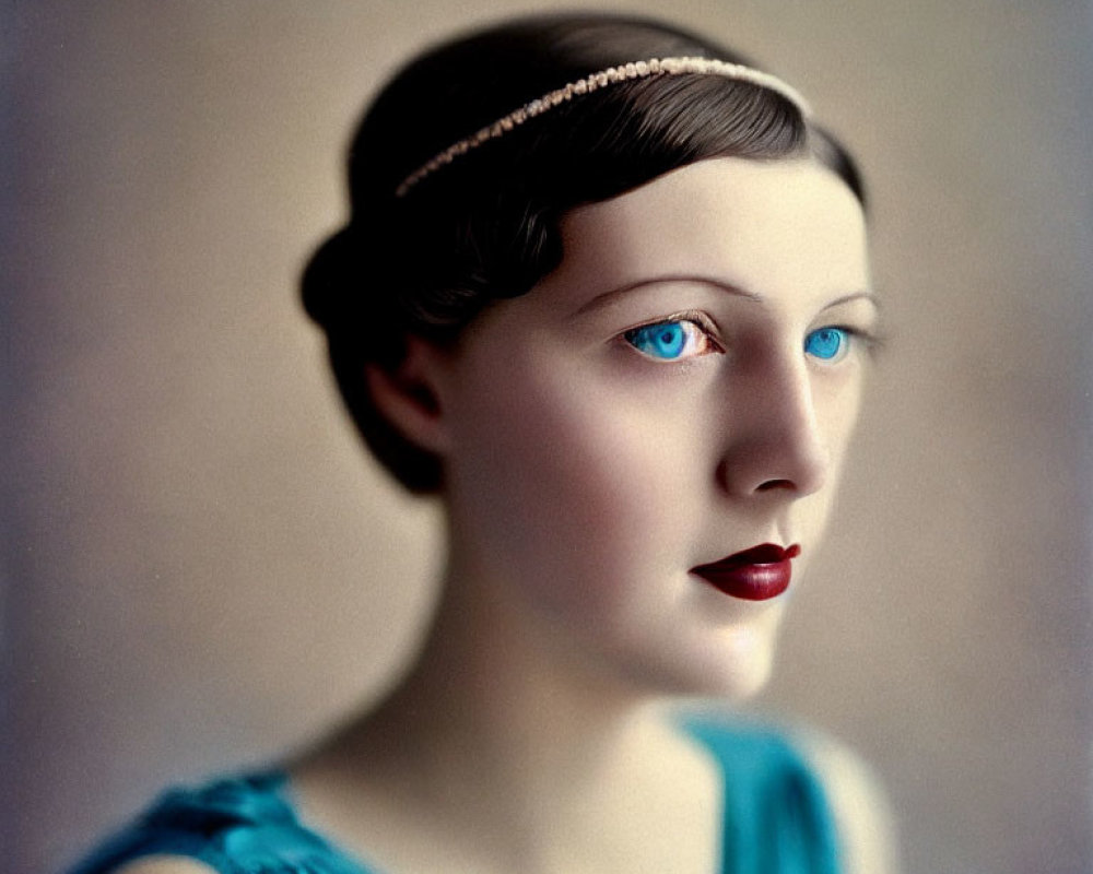 Vintage portrait of woman with blue eyes and dark lipstick in 1920s attire