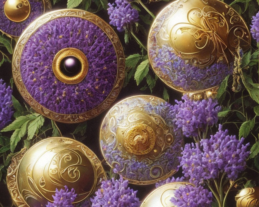 Golden shields with intricate details among purple flowers in a fantasy aesthetic