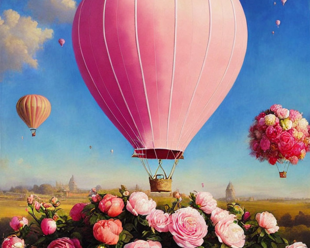 Colorful hot air balloons over rose bed in a scenic painting