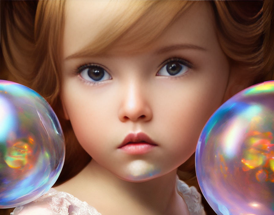 Young girl digital portrait with blue eyes, rosy cheeks, and curly hair holding soap bubbles.